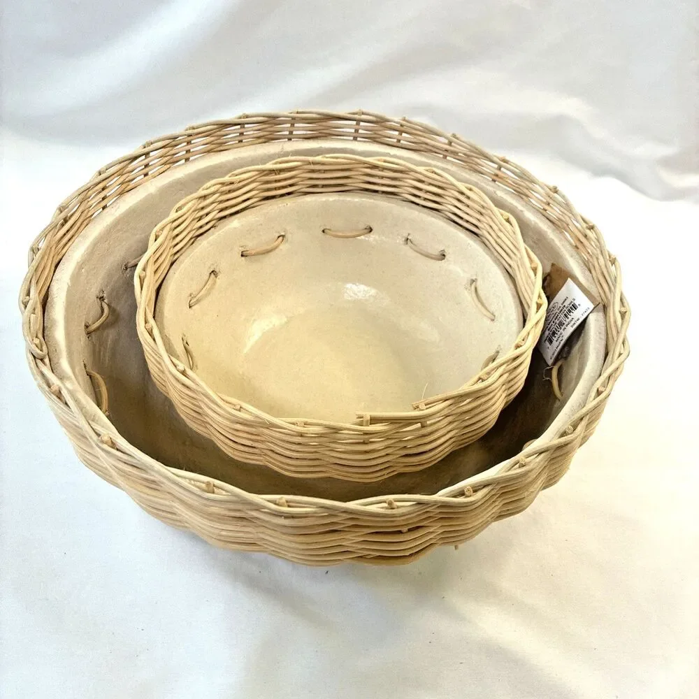 Mud Pie Ivory & Wicker Rattan Paper Mache Nesting Bowls Set/2 Cottage Farm Beach